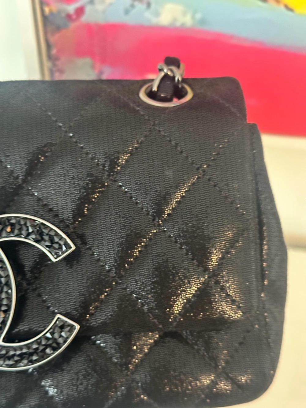 Chanel Quilted CC Crystal Black Leather Shoulder Bag with Chain Strap - Picture 2 of 16